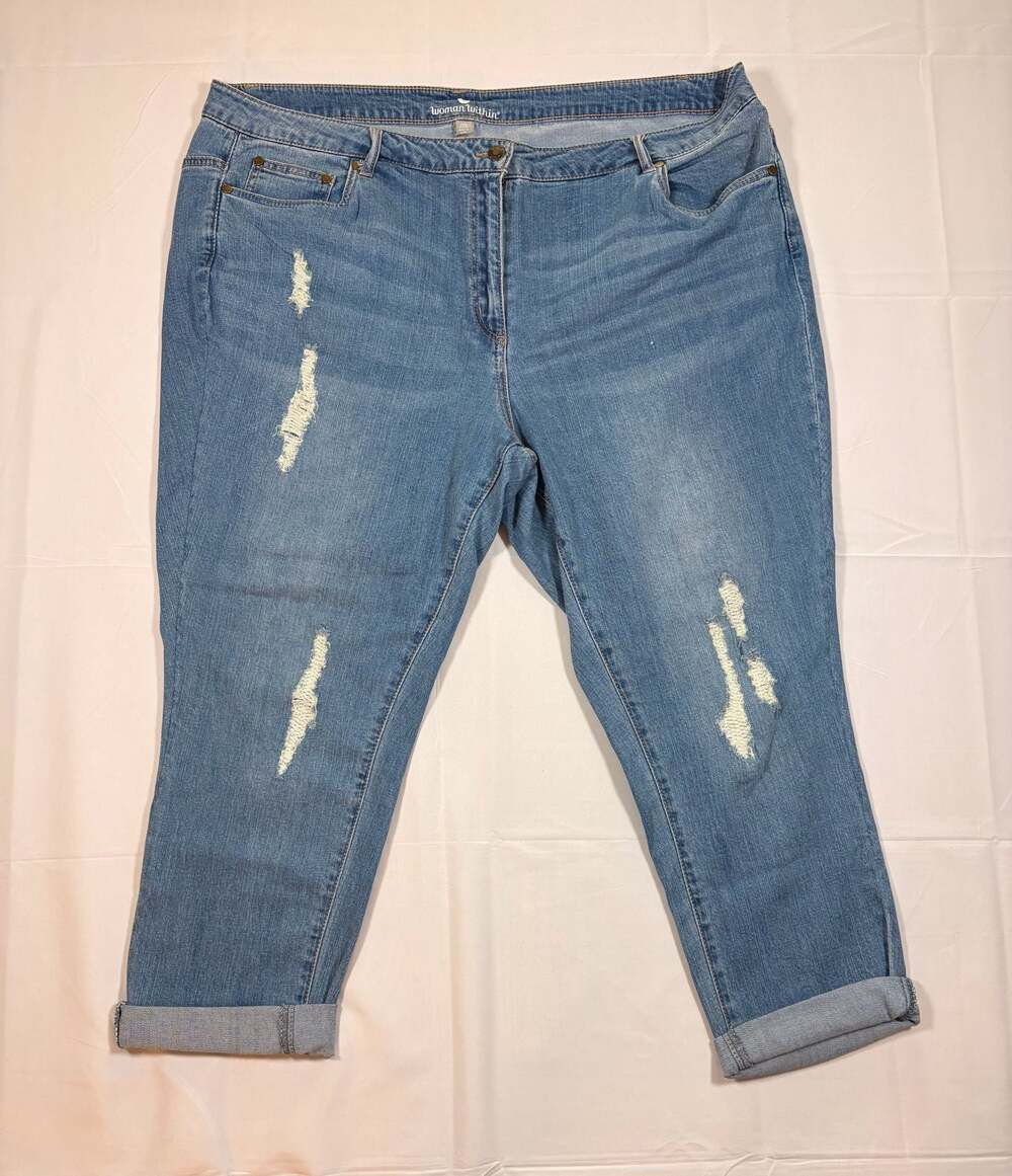 Woman Within 24W Petite Distressed Cropped Jeans Light Wash Blue